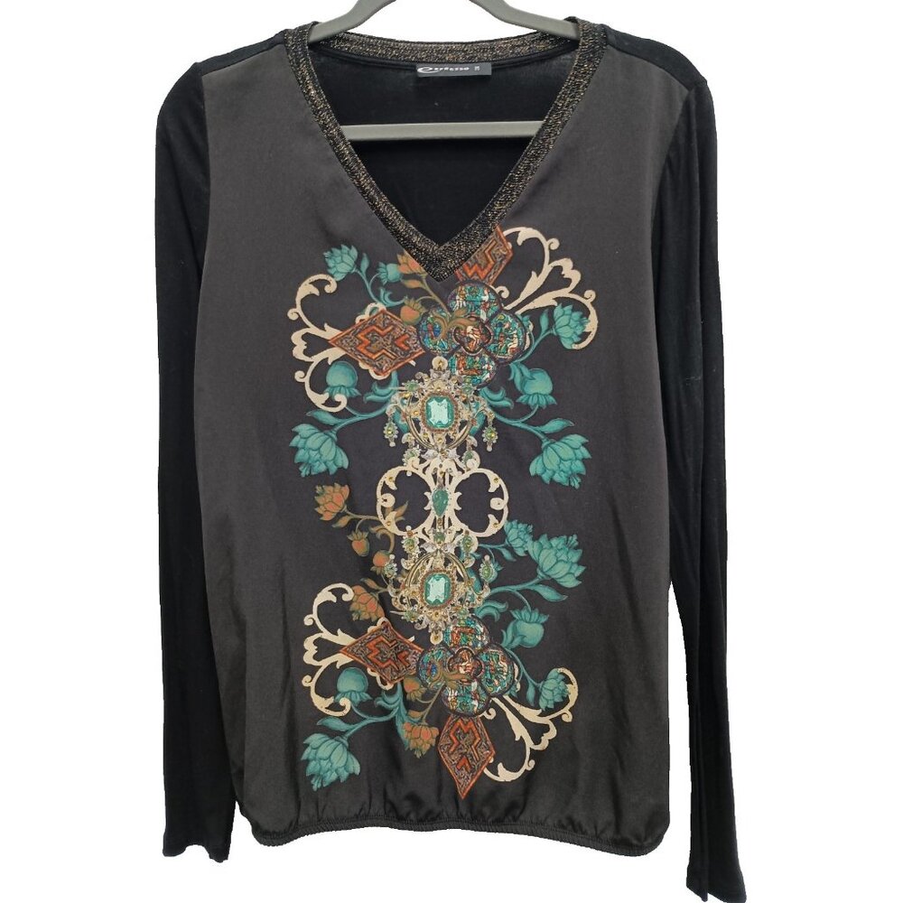 Expresso Womens‎ Wearable Art Top Medium Black Floral Rhinestone Long Sleeve